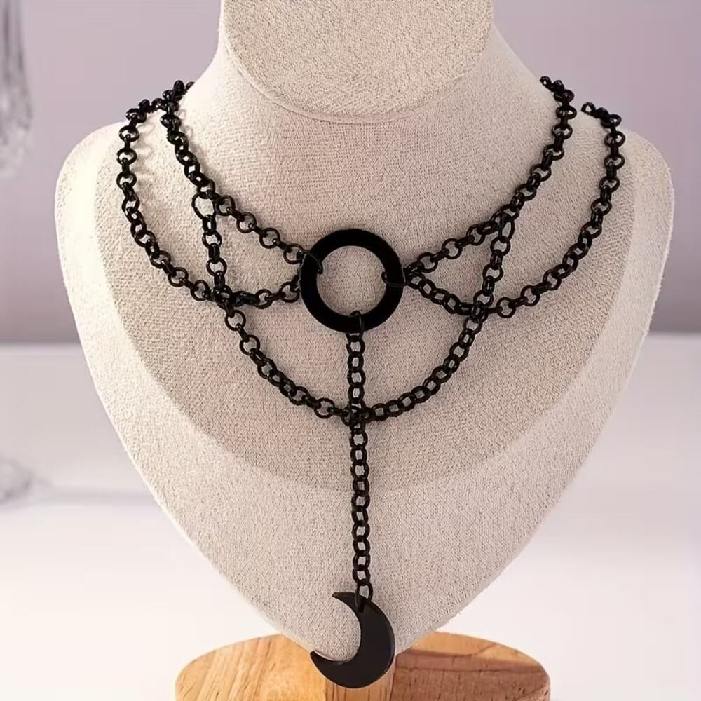 Black Chain Choker Necklace Crescent Moon Pendant Gothic Layered Punk Jewelry
